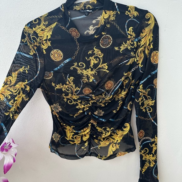 Fashion Nova Black Mesh Long Sleeve Top with Gold Baroque Print - Picture 3 of 7